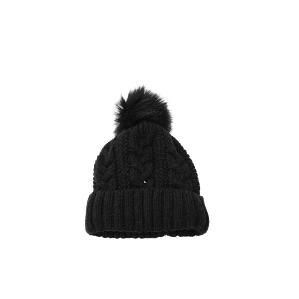 Surell Womens Faux Fur Cable Knit Beanie Hat Black Size One Size